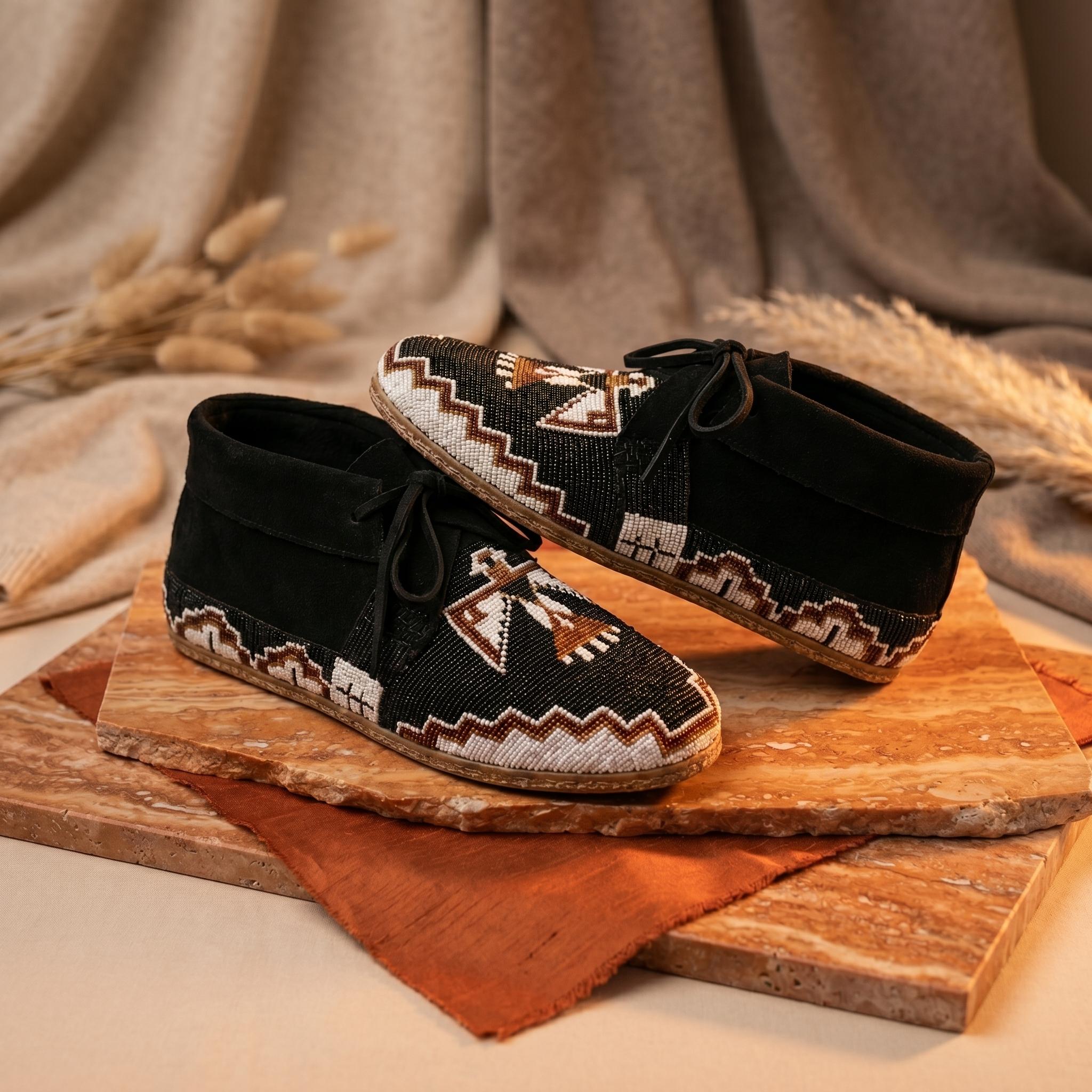 Outdoors Black Suede Beaded Moccasins. Authentic Lace Up Leather Shoes For Women