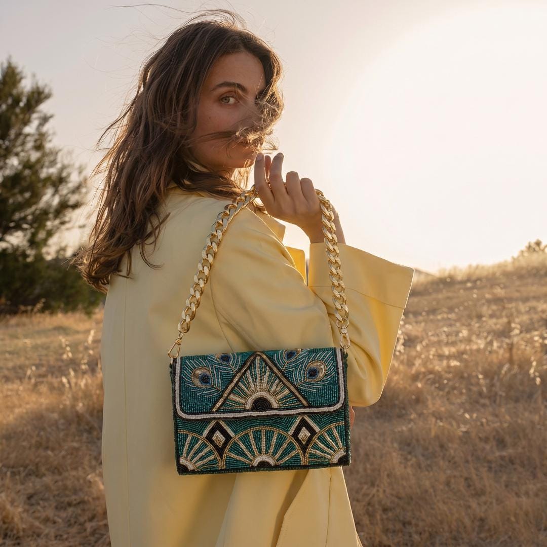 Handmade Sling Purse. Peacock Themed Green Beaded Shoulder Bag with Chain Strap For Women. Gift For Her