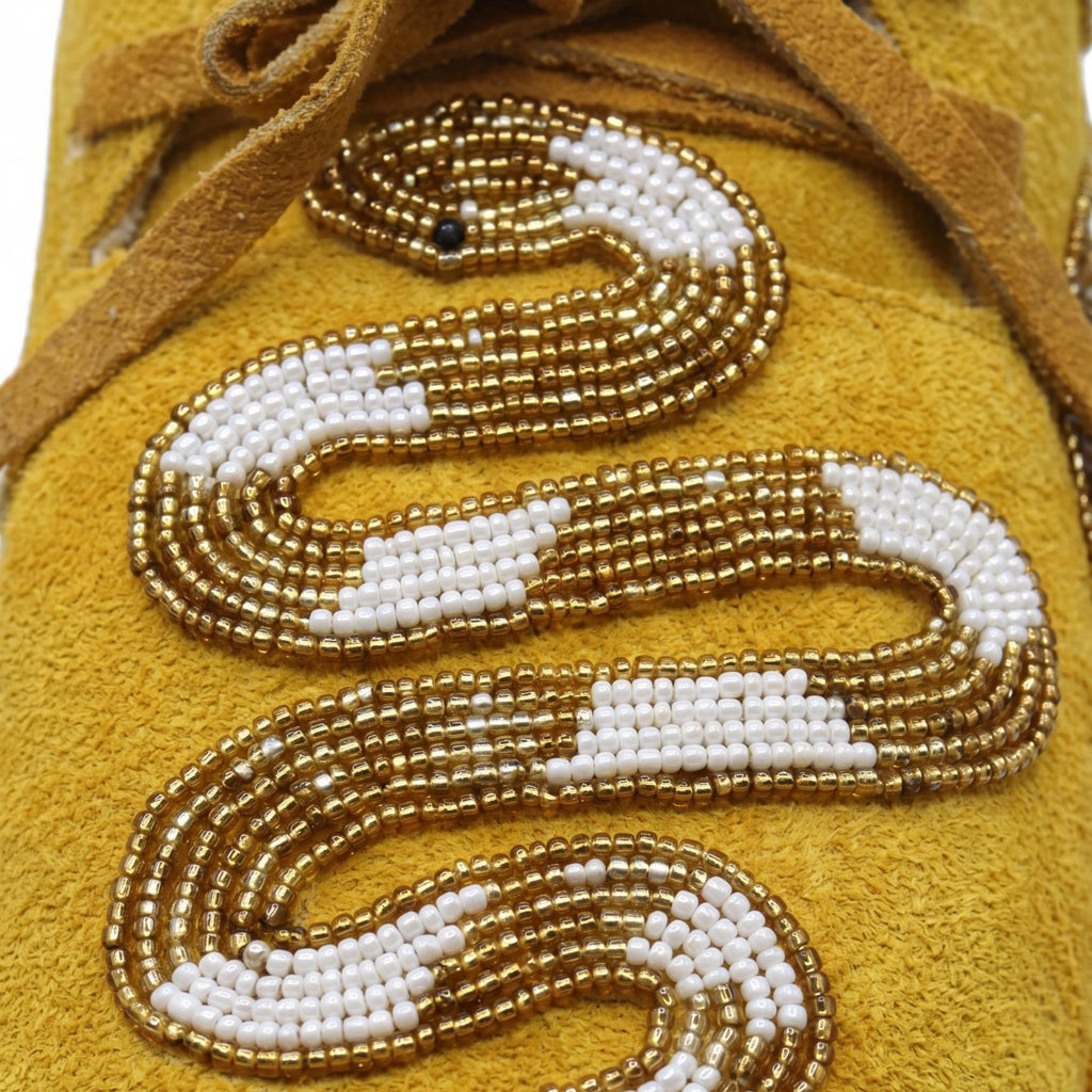 Mens Beaded Snake Moccasins Men, Yellow Suede Lace Up Shoes, Handmade Western Boho Loafers, Bold Gift for Him
