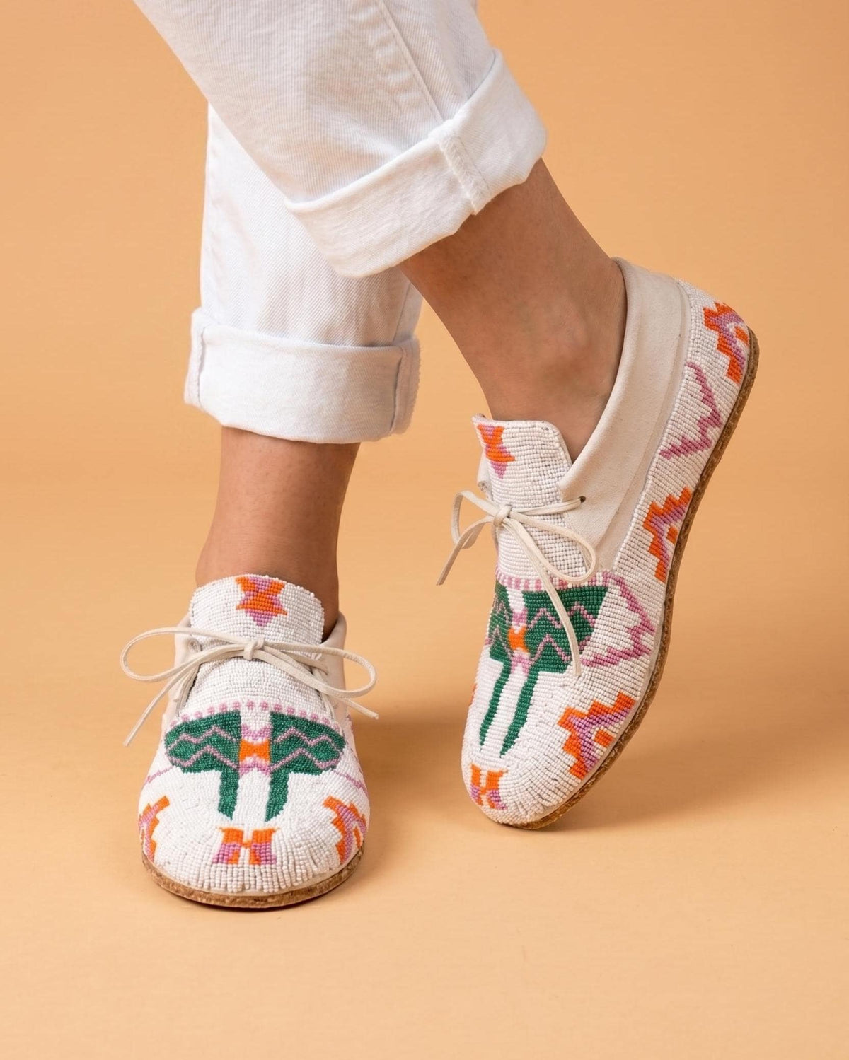 Turquoise and White Geometric Beaded Suede Lace-Up Moccasins for Women