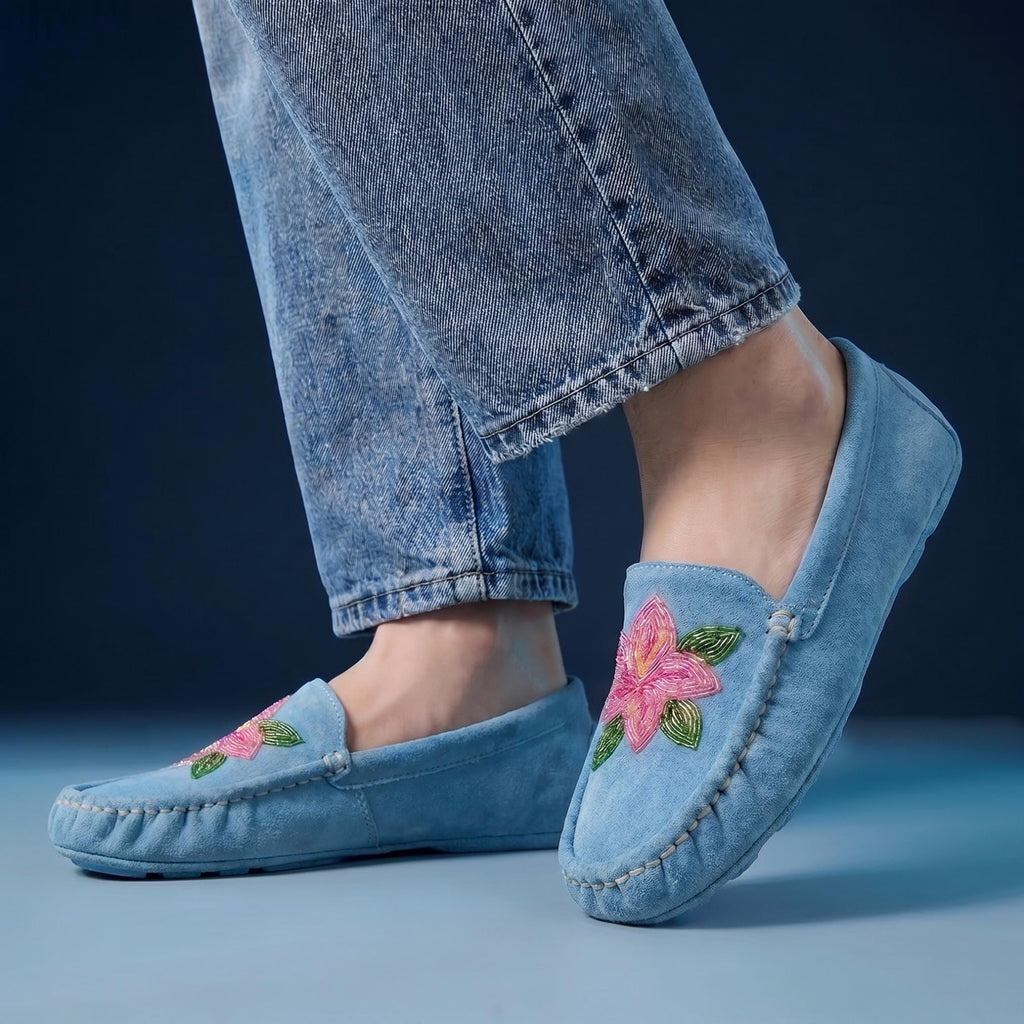Blue Flower Beaded Moccasins. Handmade Unique Soft Sole Slip on Shoes For Women