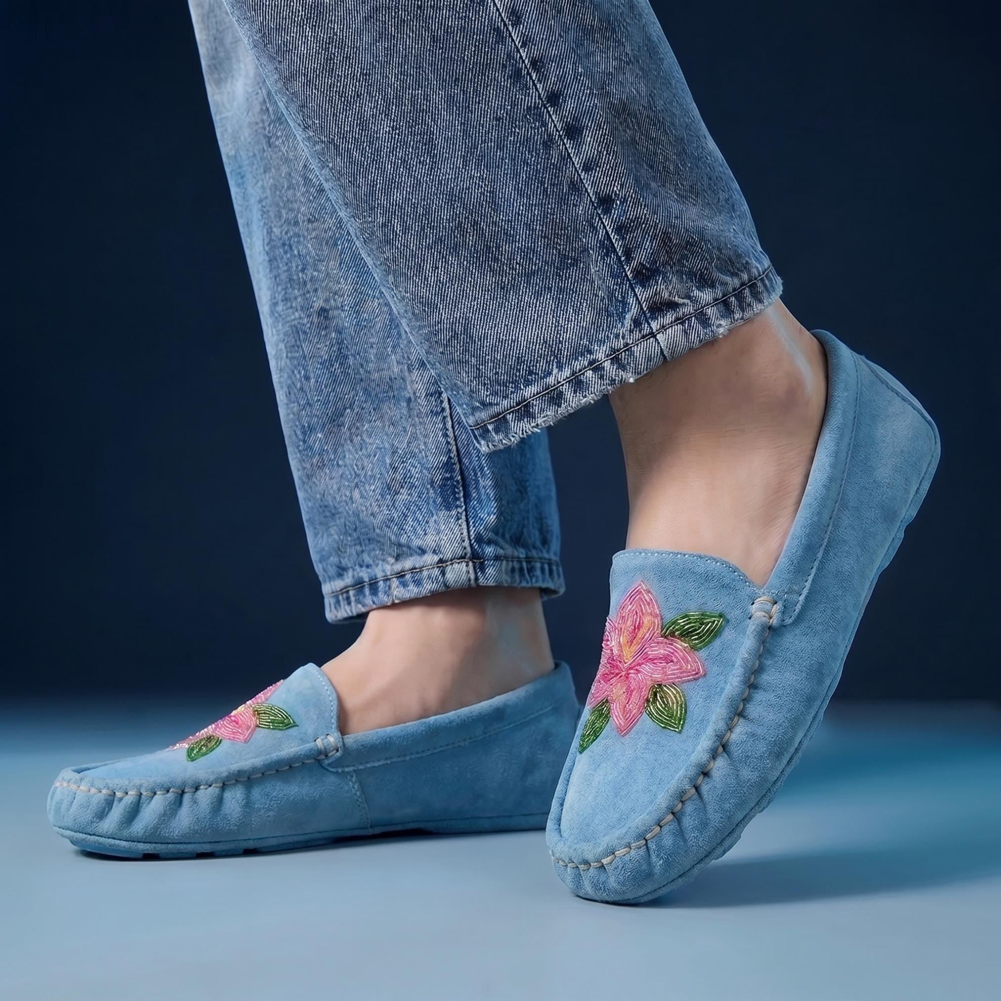 Blue Flower Beaded Moccasins. Handmade Unique Soft Sole Slip on Shoes For Women