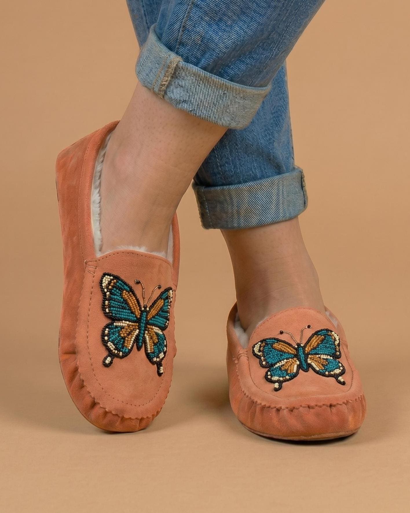 Peach Butterfly Beaded Moccasins. Handmade Unique Soft Sole Slip on Shoes For Women