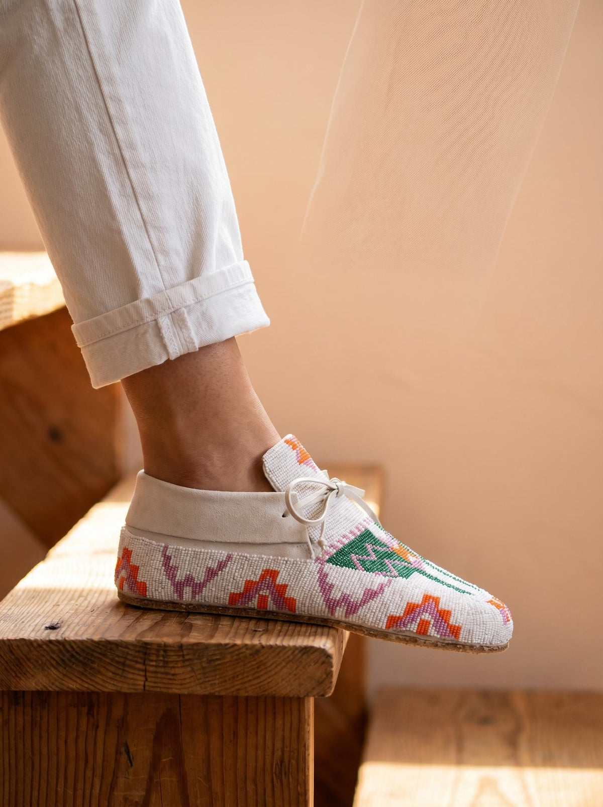 Turquoise and White Geometric Beaded Suede Lace-Up Moccasins for Women