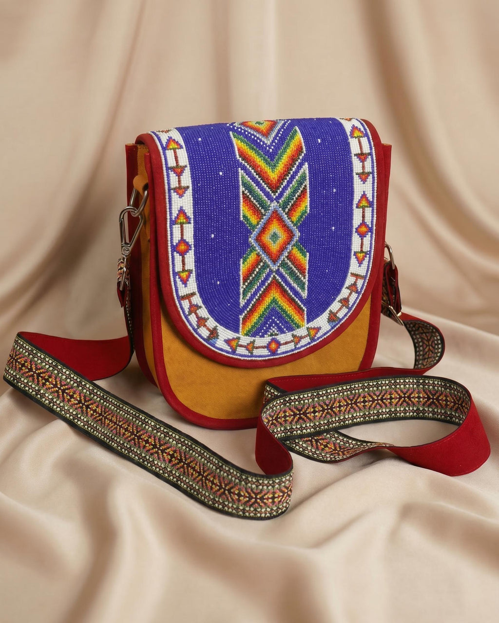 Beaded Crossbody Bag, Boho Handmade Unisex Canvas Sling Purse with Adjustable Strap