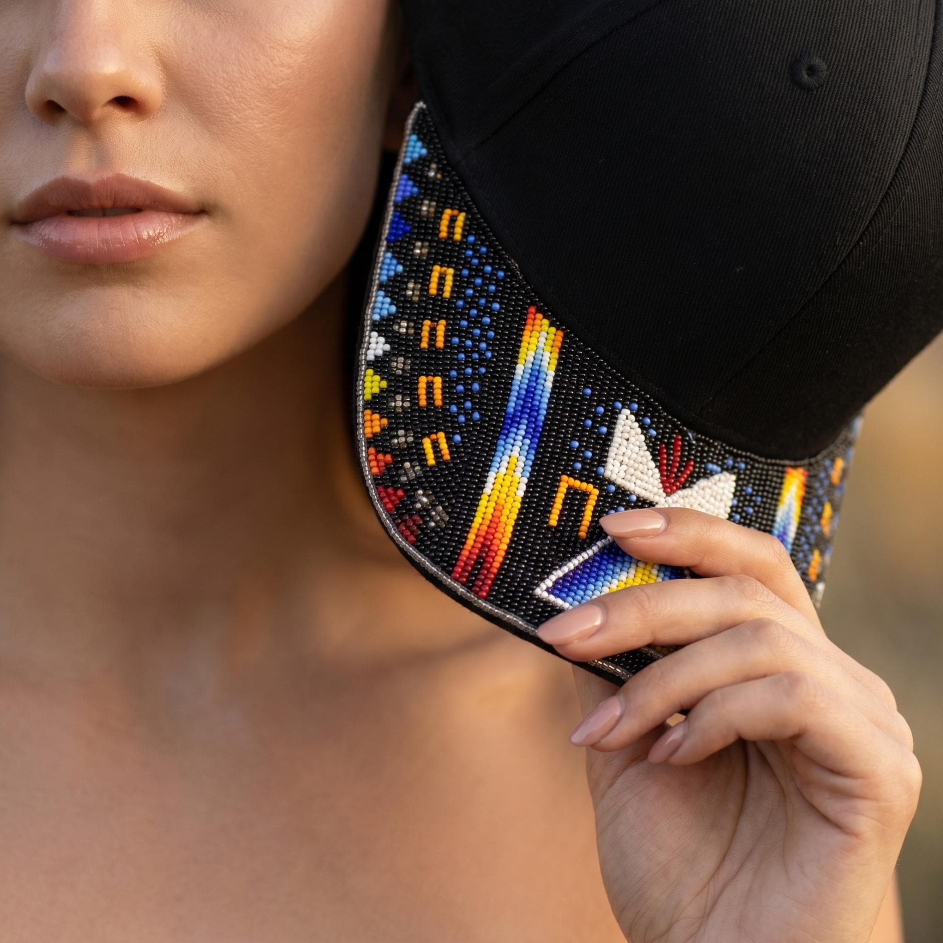 Sacred Fire Beaded Baseball Cap, Handmade Native American Style, Adjustable Unisex Cotton Hat For Men & Women