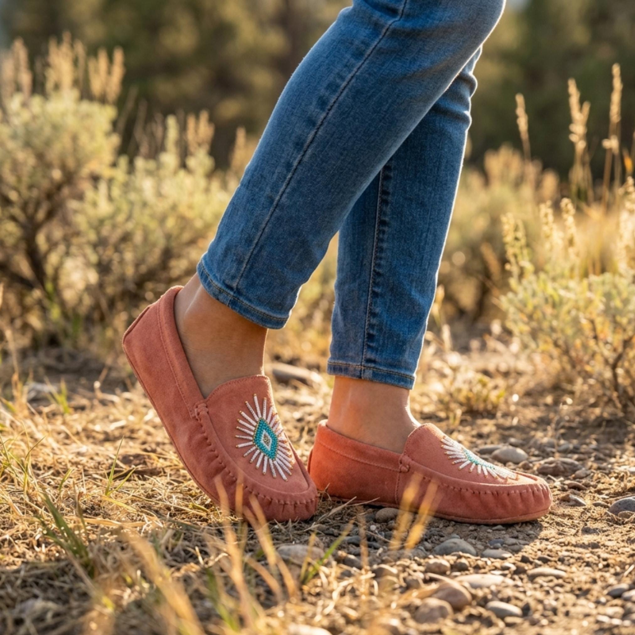 Peach Beaded Moccasins Handmade Unique Soft Sole Slip on Shoes For Women