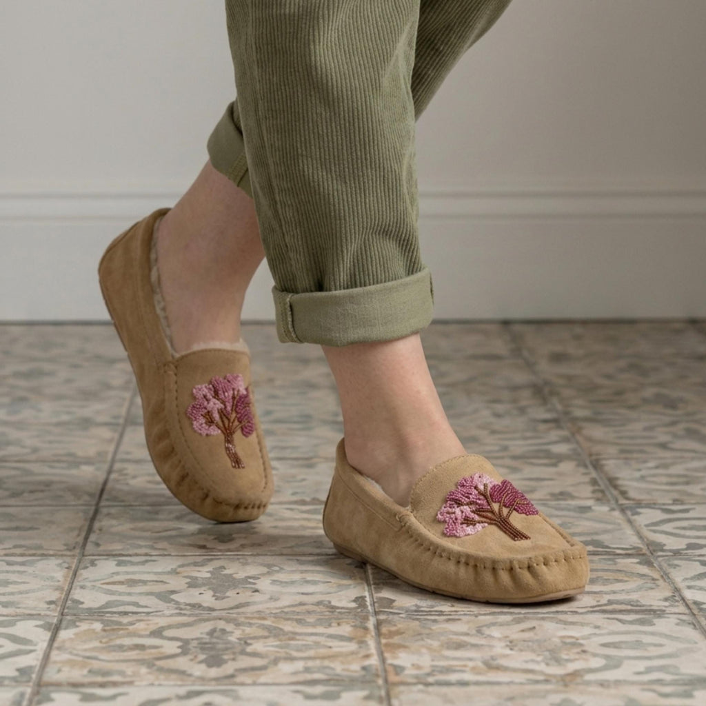 Weskara Hand Beaded Tree Moccasins Handmade Unique Soft Sole Slip on Shoes For Women