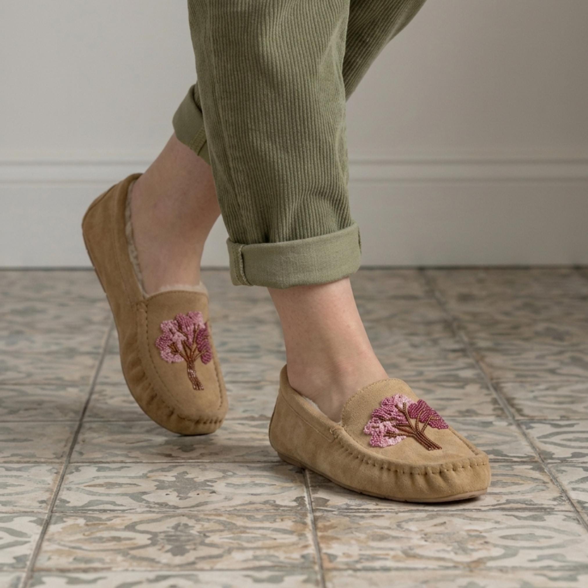 Weskara Hand Beaded Tree Moccasins Handmade Unique Soft Sole Slip on Shoes For Women