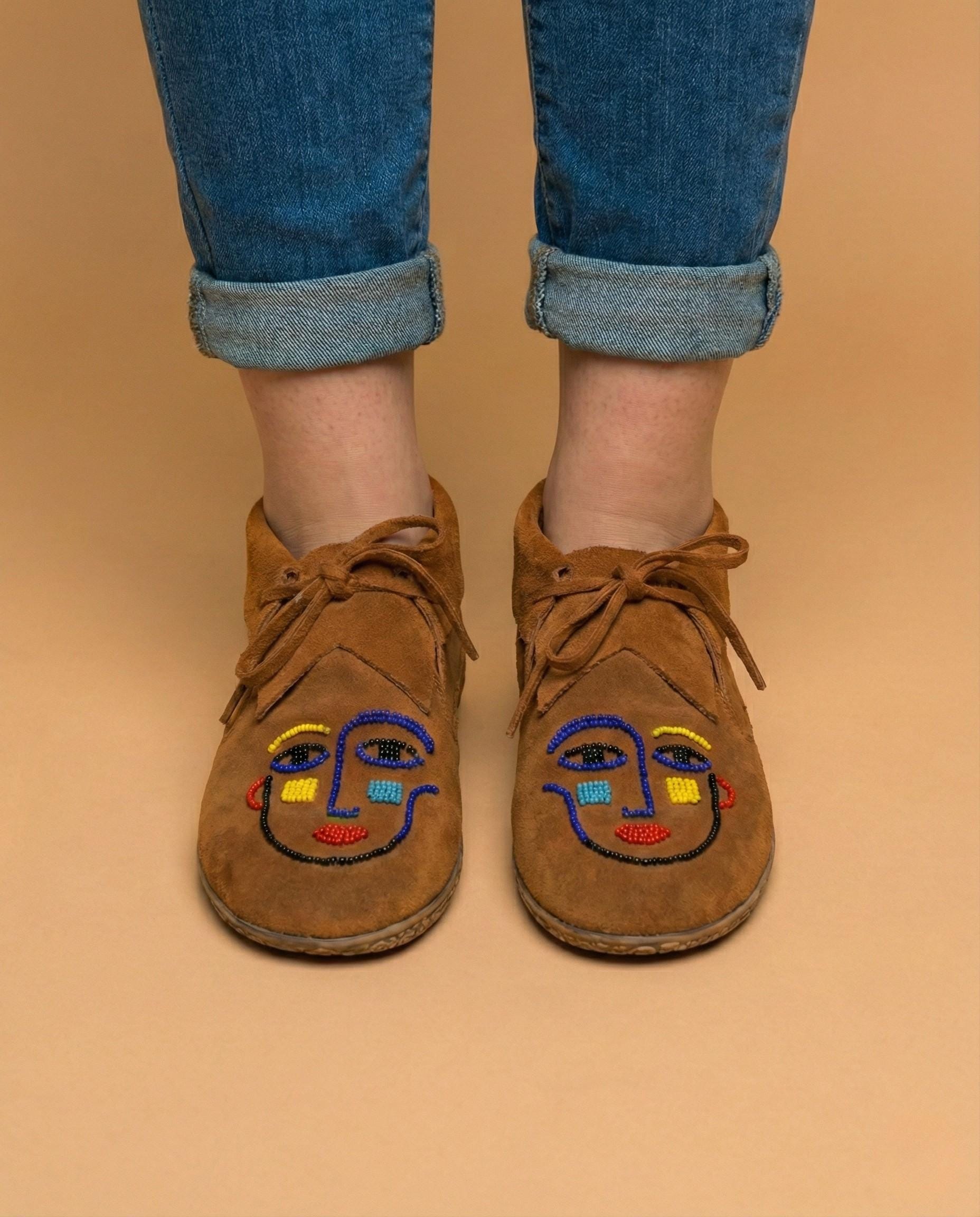 Handmade Brown Suede Outdoor Moccasins. Stylish Modern Beaded Leather Shoes For Women