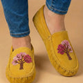 Weskara Yellow Tree Beaded Moccasins Handmade Unique Soft Sole Slip on Shoes For Women