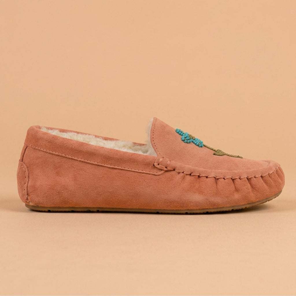 Peach Beaded Flower Moccasins. Handmade Unique Soft Sole Slip on Shoes For Women
