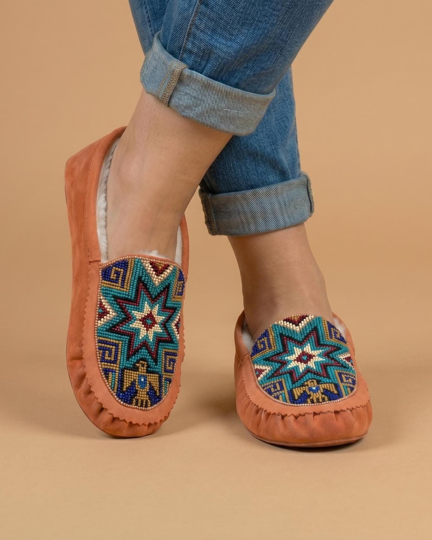 Peach Beaded Moccasins. Handmade Unique Soft Sole Slip on Shoes For Women