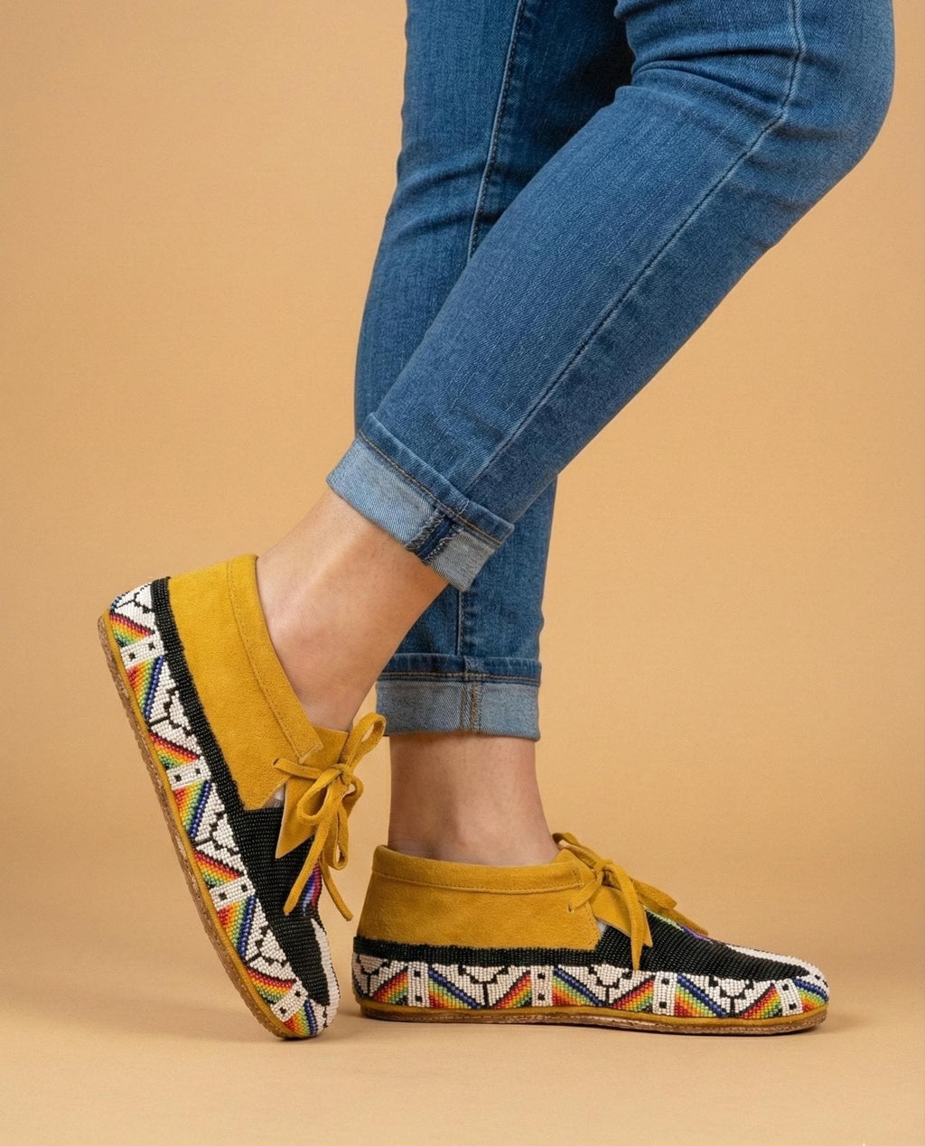 Outdoors and Dancing Beaded Suede Moccasins. Handmade Artisan Inspired Premium Black Lace up Leather Footwear For Women.