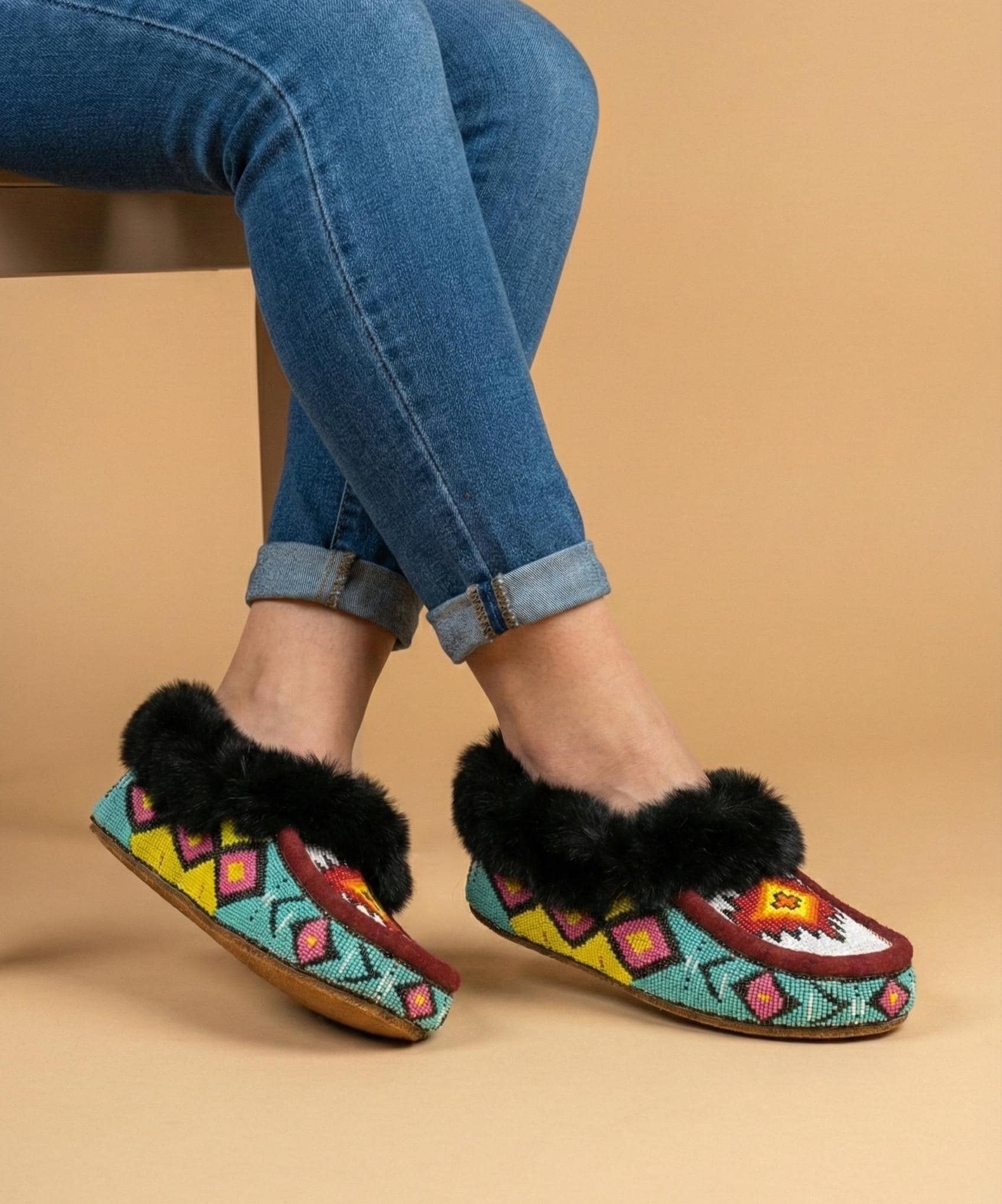 Handmade Beaded Moccasin Slippers, Fur-Lined Suede, Bohemian Shoes