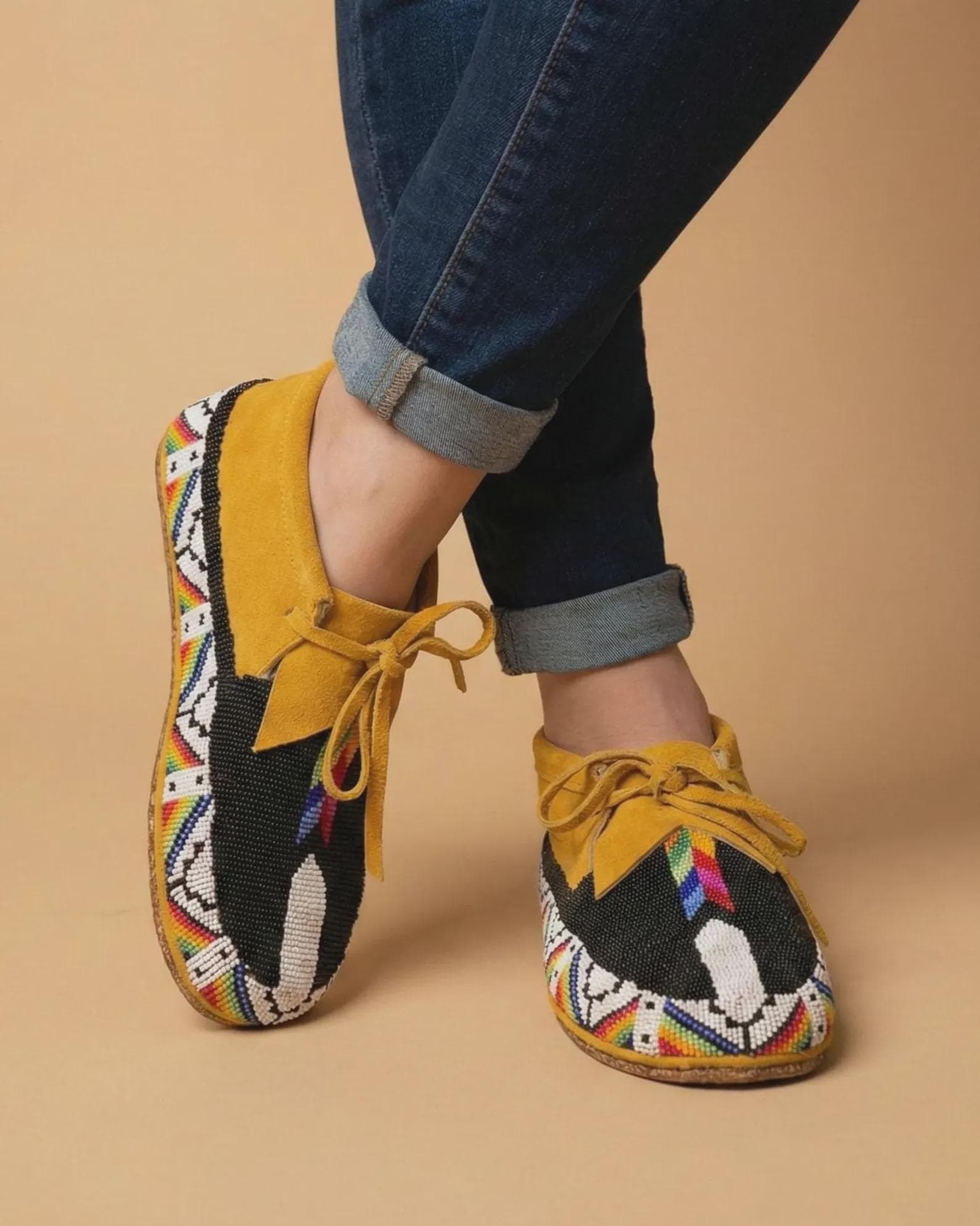 Handmade Beaded Suede Moccasins, Lace-Up Boho Western Footwear for Women