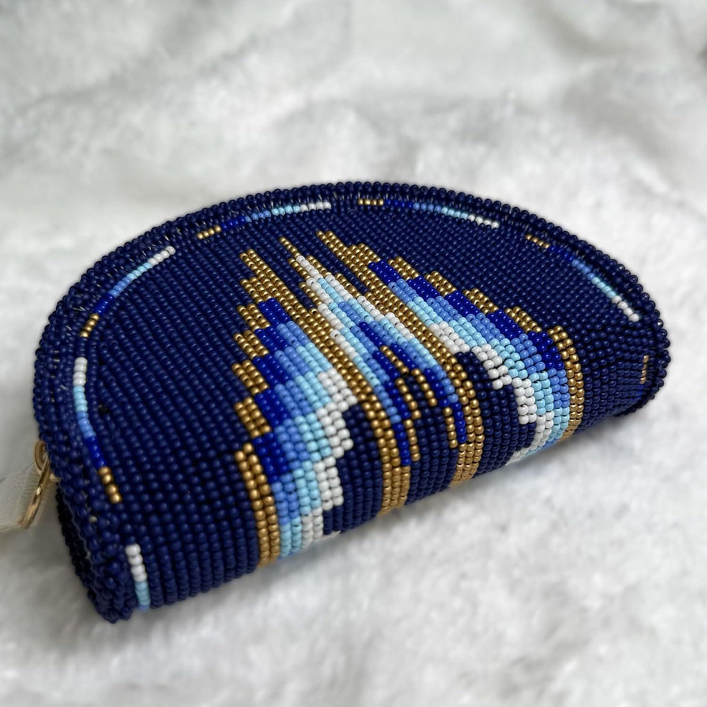 Handmade Coin Purse. Dark Blue Beaded Hand Pouch For Essentials.