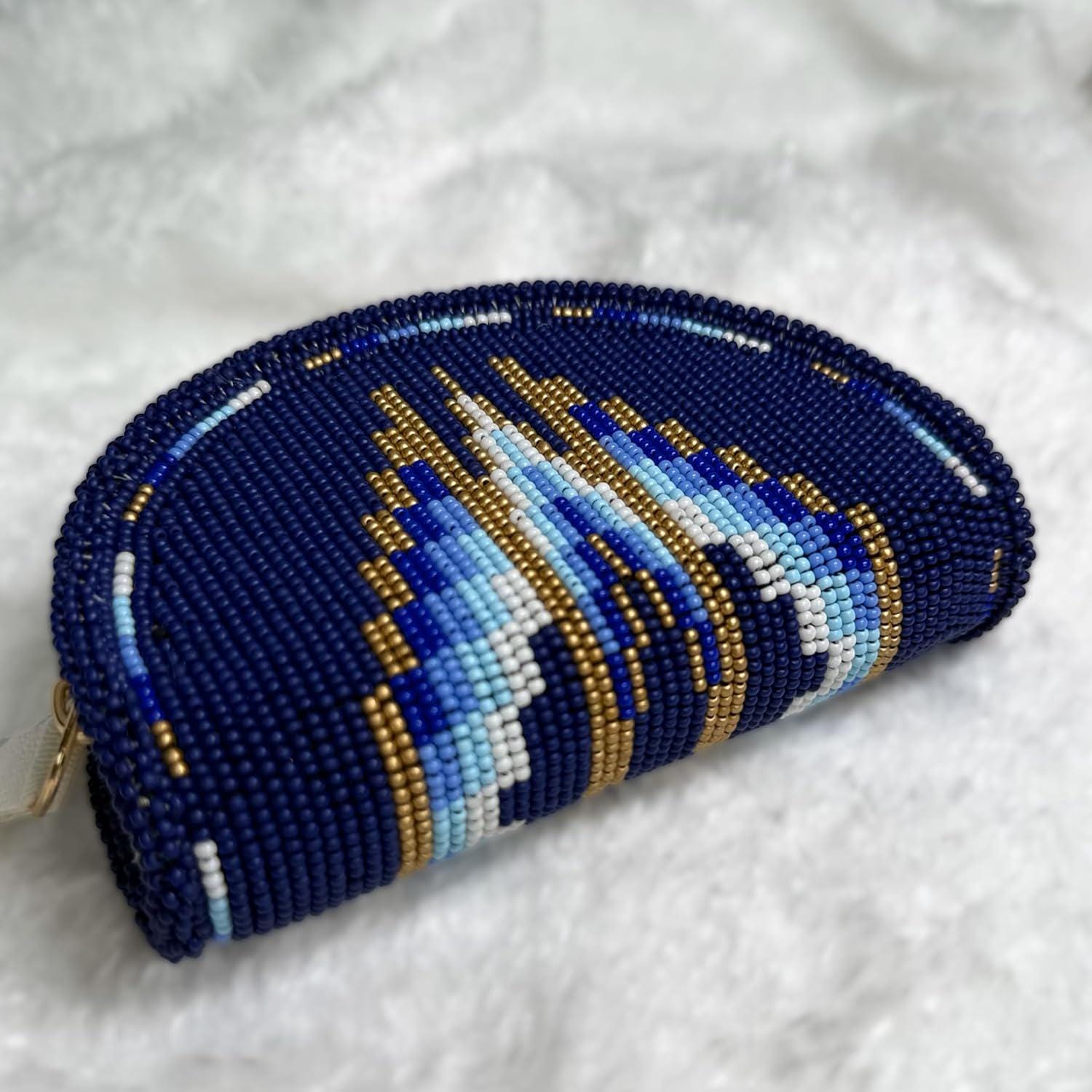 Handmade Coin Purse. Dark Blue Beaded Hand Pouch For Essentials.