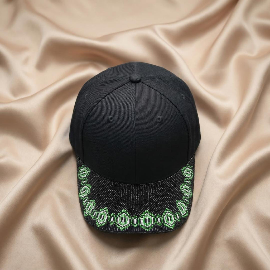Emerald Chain Brim - Beaded Baseball Cap, Handmade Native American Style, Adjustable Unisex Cotton Hat For Men & Women