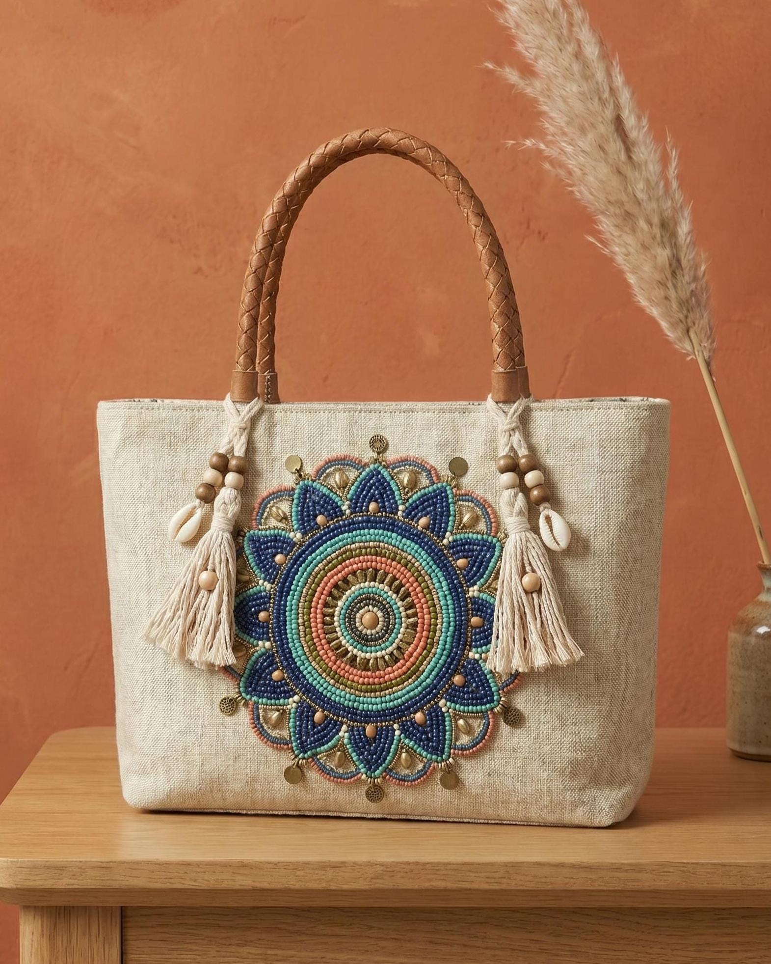 Handmade Floral Canvas Tote Bag. Beaded Large Artisan Handbag For Women