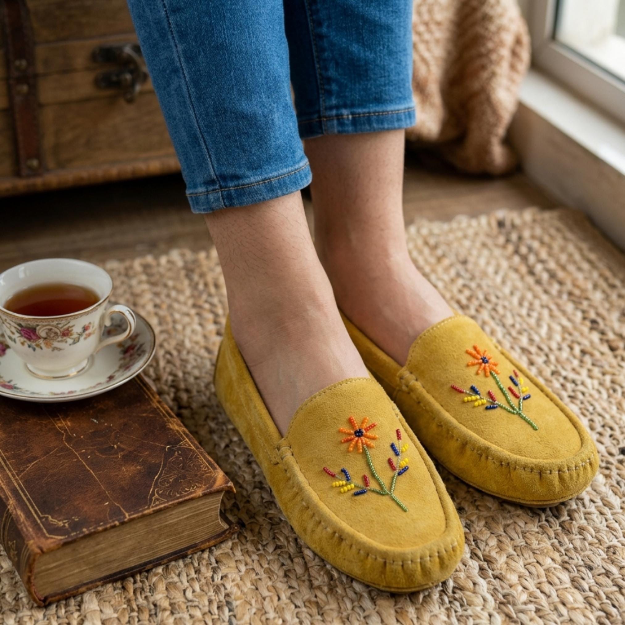 Orange Beaded Handmade Yellow Suede Moccasins - Stylish Modern Flower Design Leather Loafers.