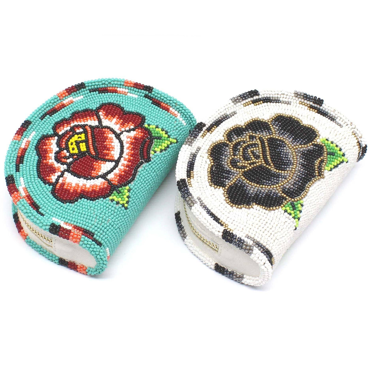 Hand-Beaded Coin Purse, White / Turquoise Green