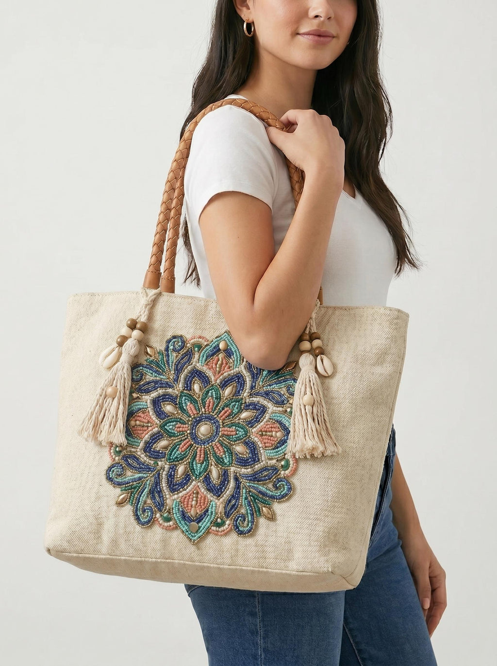 Handmade Floral Canvas Tote Bag. Beaded Large Artisan Handbag For Women