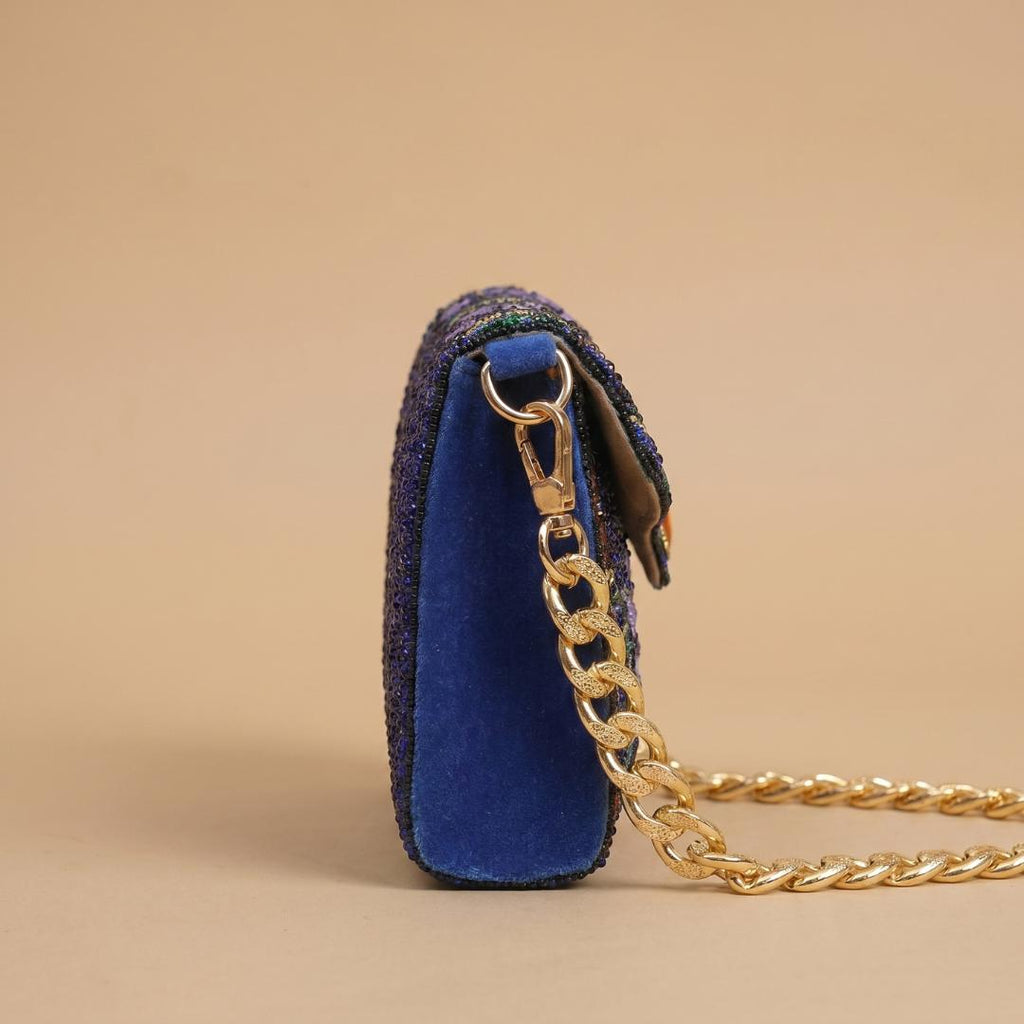 Royal Blue Beaded Evening Bag – Intricate Floral Seed Bead Sling Purse