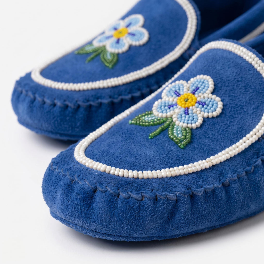 Hand-Stitched Blue Suede Moccasins – Handmade Floral Beaded Leather Loafers For Women