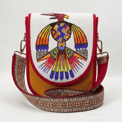 Rainbow Eagle Hand Beaded Canvas Crossbody Bag – Mustard