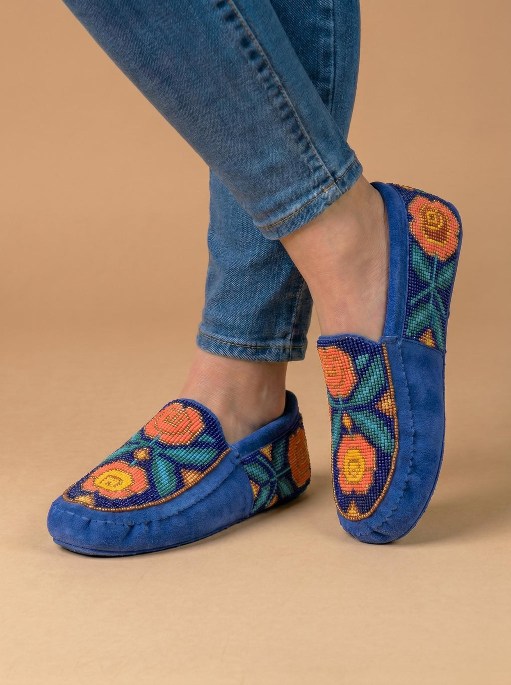 Handmade Beaded Leather Moccasins with Soft Sole. Stylish Slip On Loafer Shoes For Women