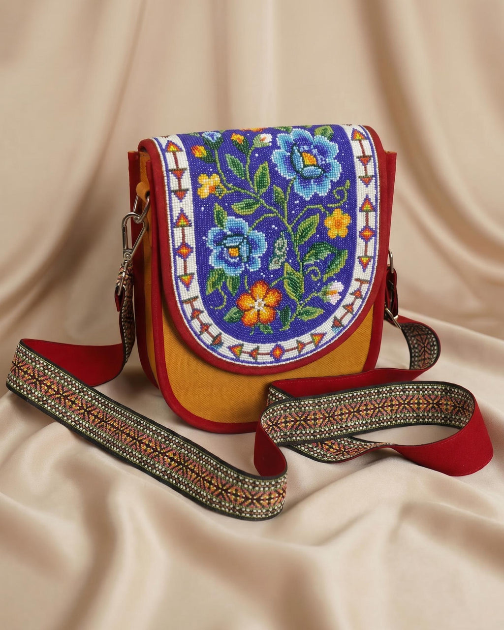 Beaded Crossbody Bag, Boho Handmade Unisex Canvas Sling Purse with Adjustable Strap