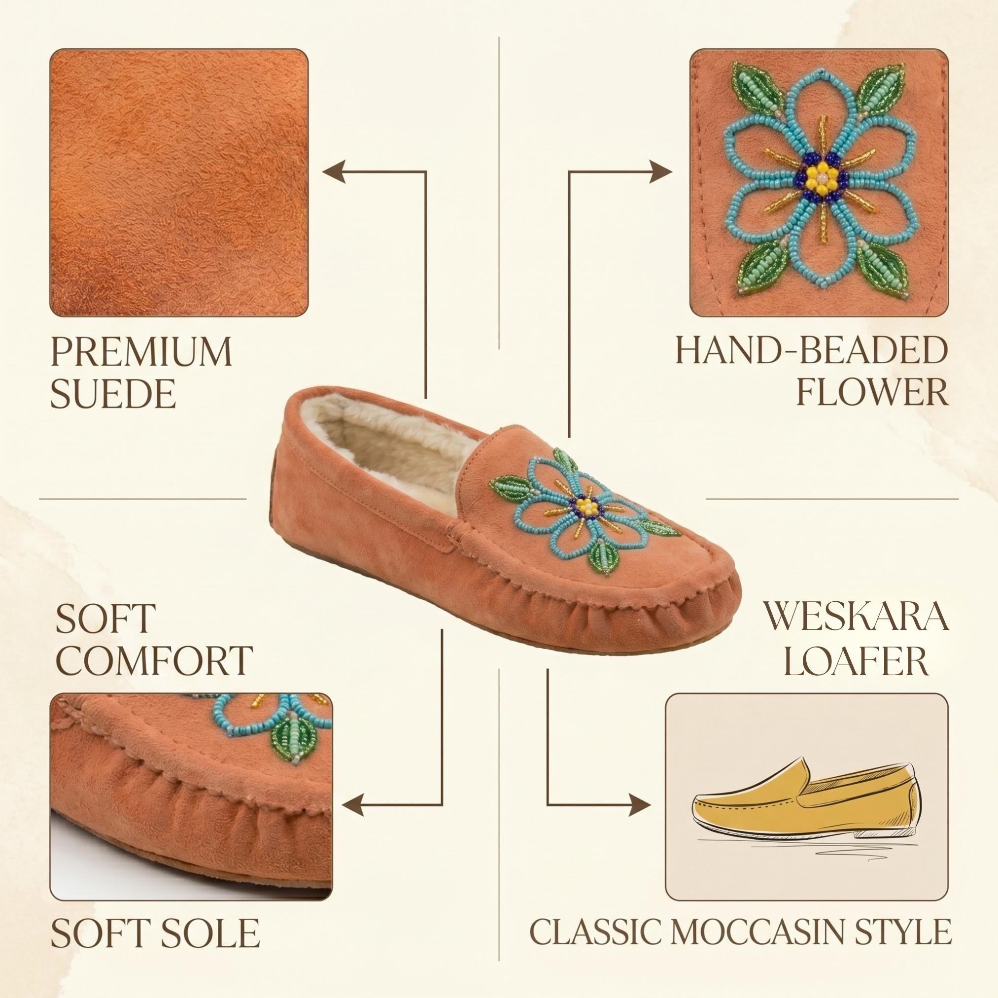 Weskara Peach Beaded Moccasins Handmade Unique Soft Sole Slip on Shoes For Women