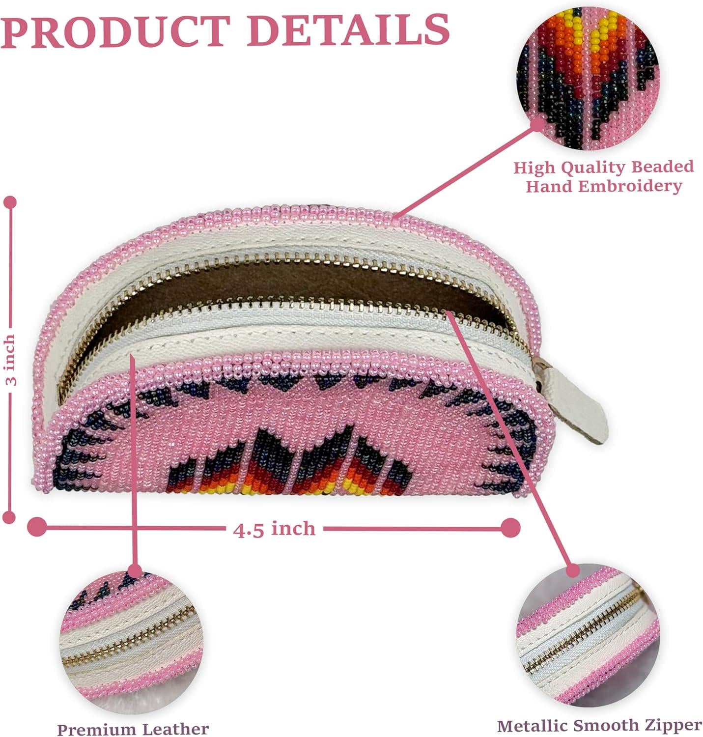 Handmade Coin Purse. Pink Beaded Hand Pouch For Essentials.