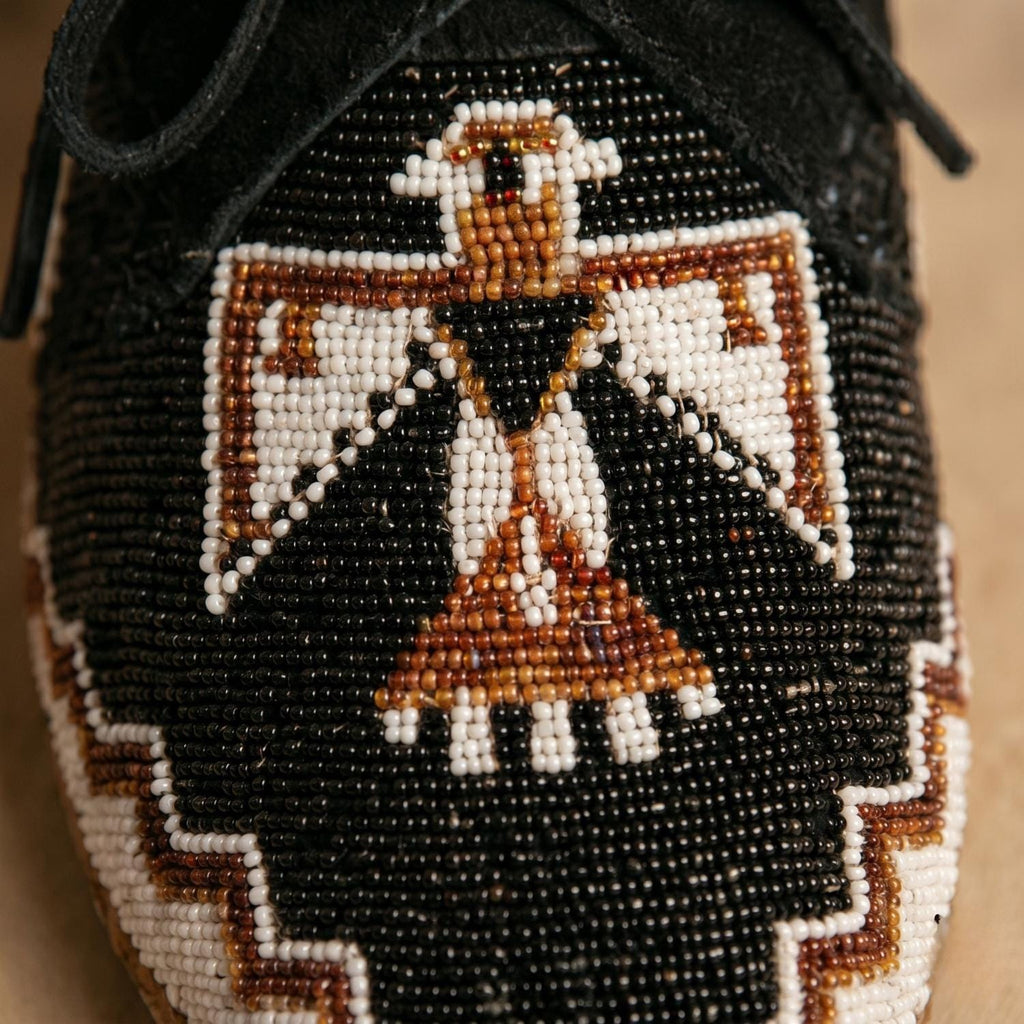 Outdoors Black Suede Beaded Moccasins. Authentic Lace Up Leather Shoes For Women