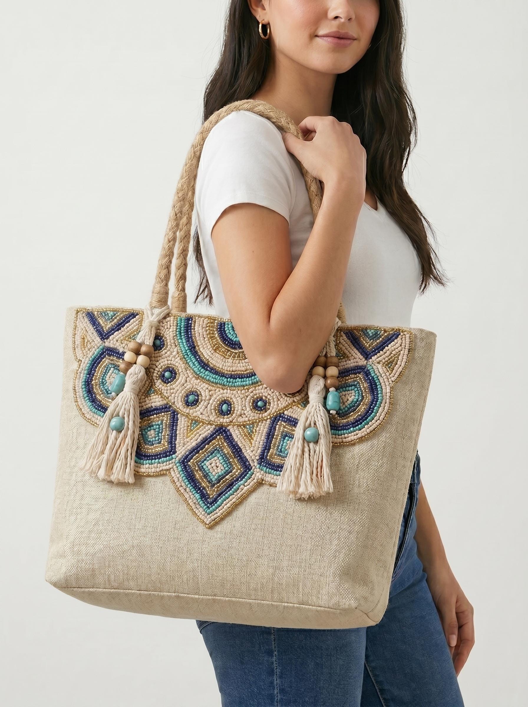 Handmade Floral Canvas Tote Bag. Beaded Large Artisan Summer Handbag