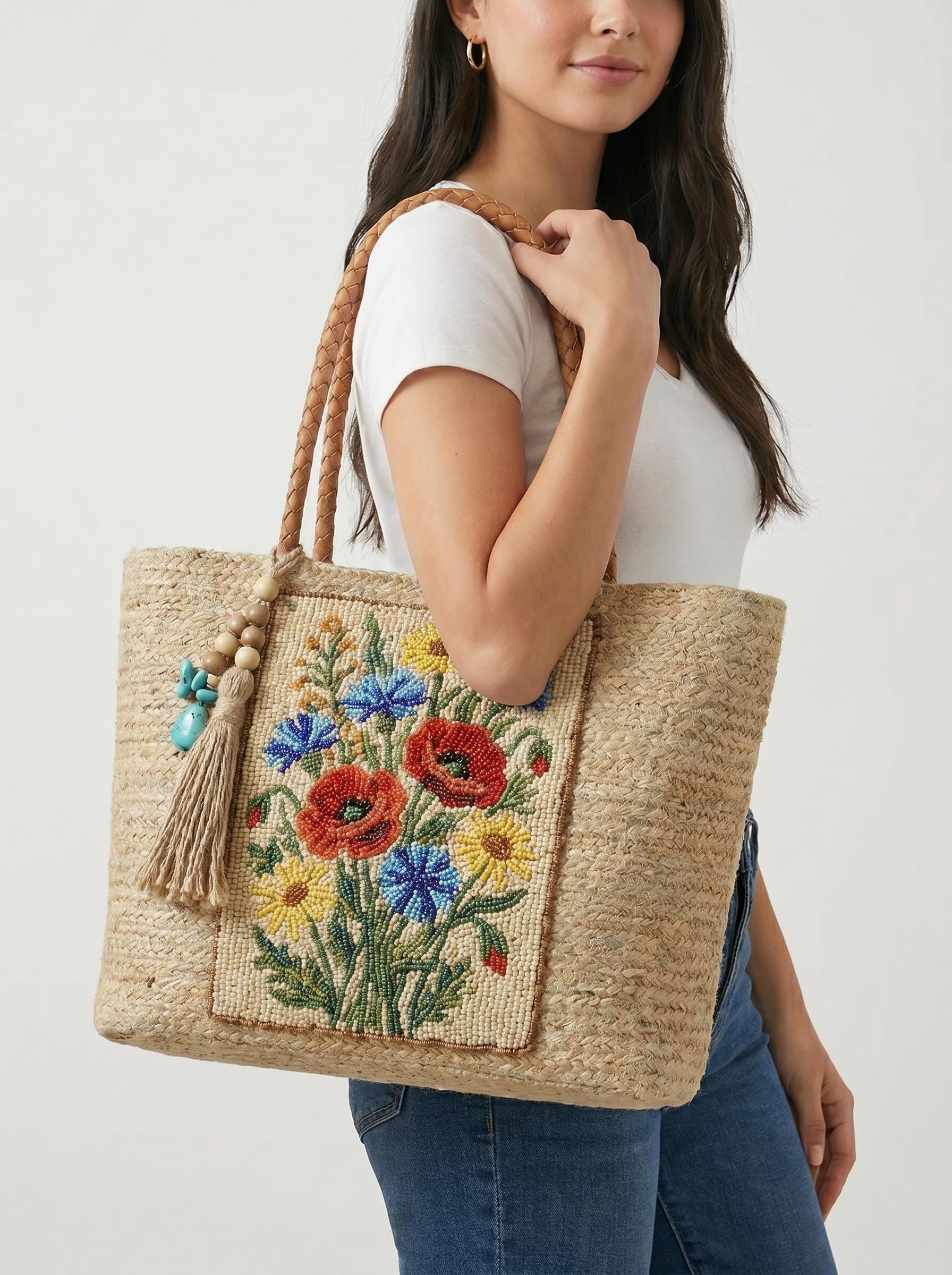 Handmade Floral Jute Tote Bag. Beaded Large Artisan Stylish Fashion Handbag For Women