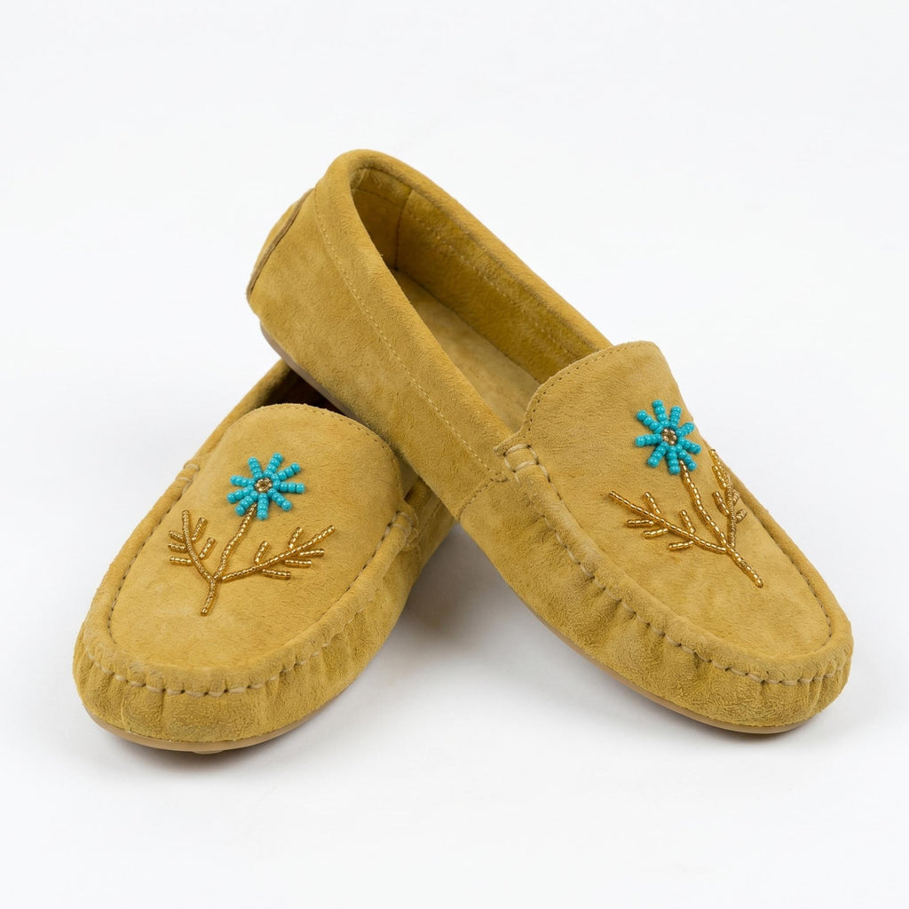 Handmade Yellow Suede Moccasins - Stylish Modern Aqua Flower Beaded Leather Loafers.