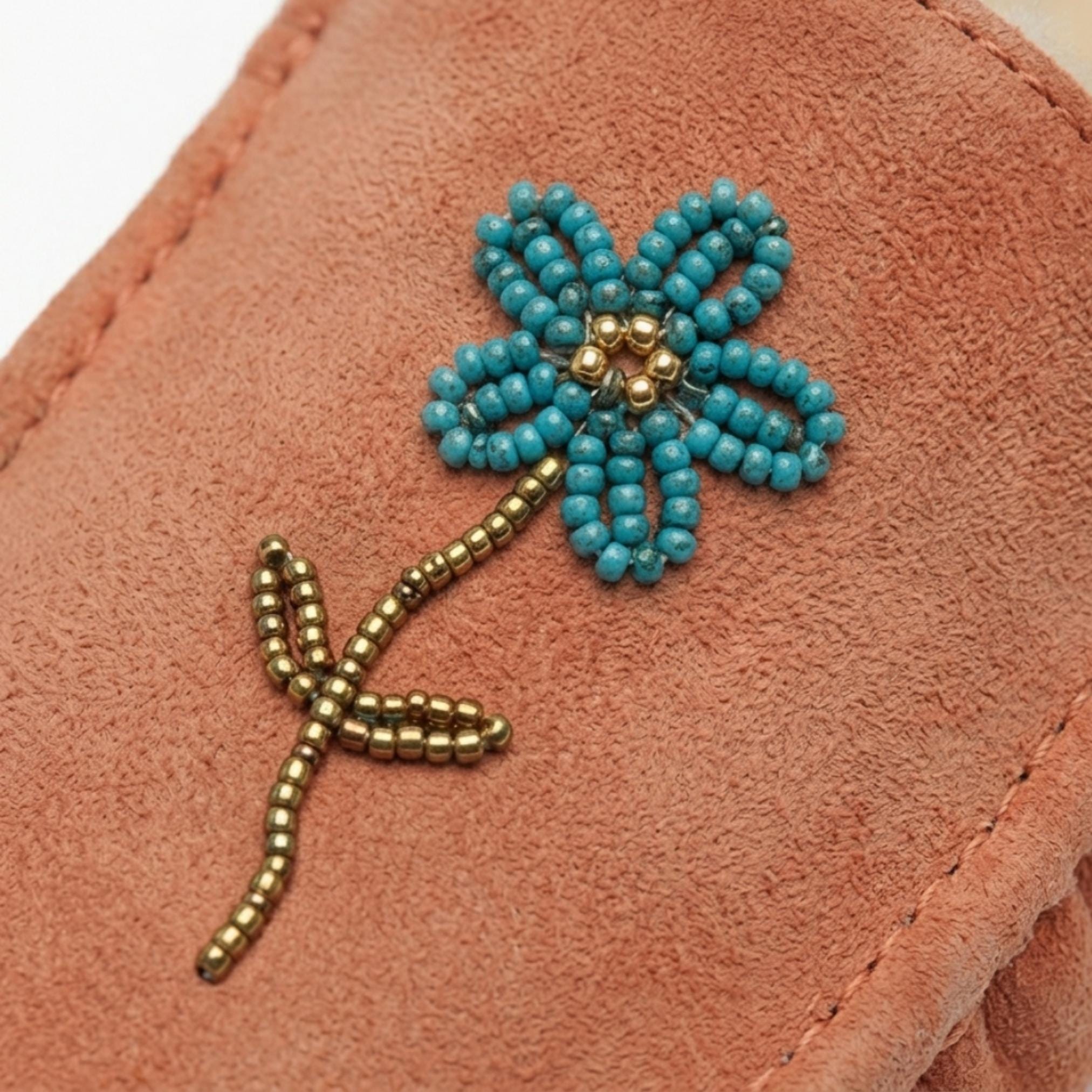 Peach Beaded Flower Moccasins. Handmade Unique Soft Sole Slip on Shoes For Women
