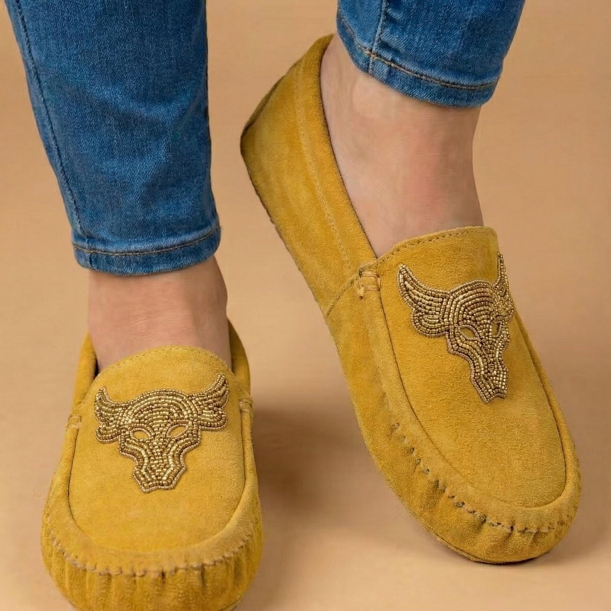 Bull Beaded Leather Moccasins - Handmade Native American Style Shoes For Women. Suitable For Gifting