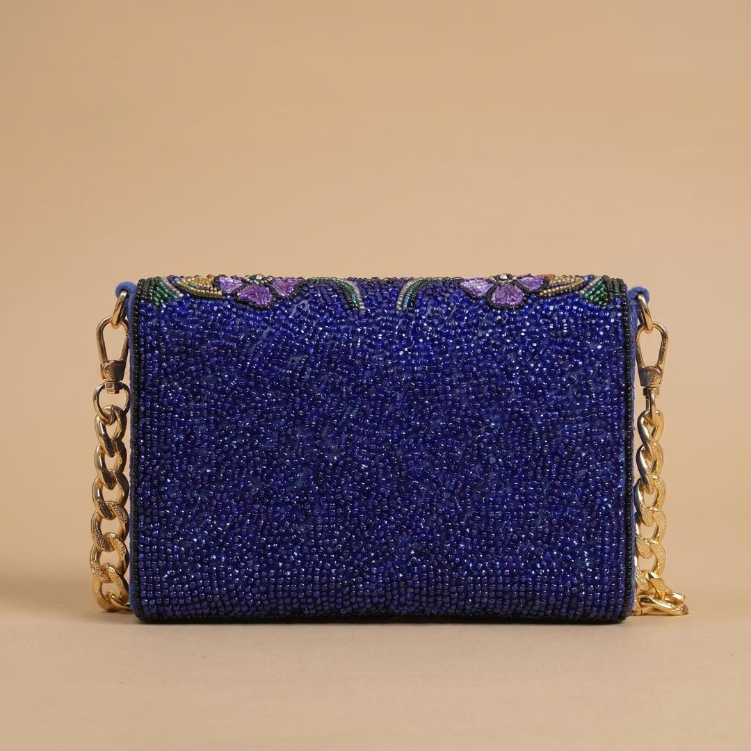 Royal Blue Beaded Evening Bag – Intricate Floral Seed Bead Sling Purse