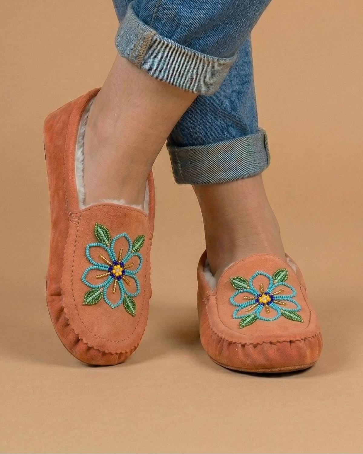 Weskara Peach Beaded Moccasins Handmade Unique Soft Sole Slip on Shoes For Women