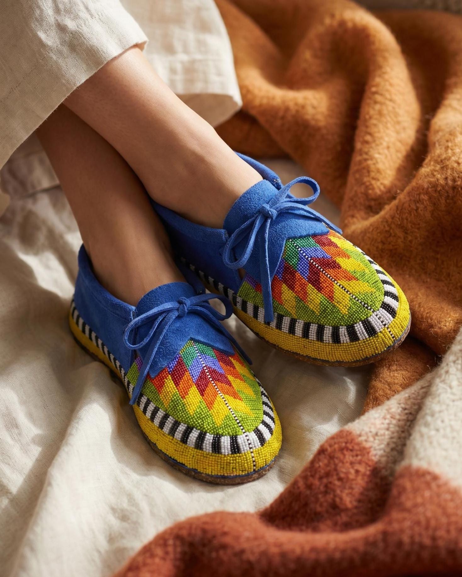 Handmade Colorful Beaded Suede Moccasins, Native American Inspired Leather Lace-Up Shoes for Women, Suitable For Outdoors. Gift For Her.