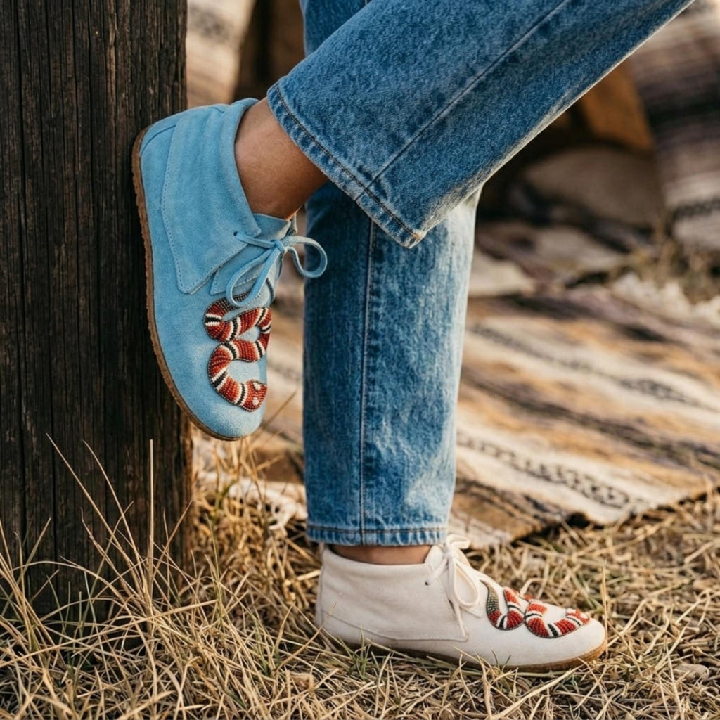 Dual Color Unique Snake Design Moccasins. Handmade Lace Up Suede Shoes For Women. Suitable For Outdoor Wear and Gifting.