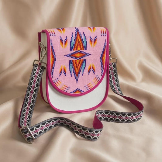 Geometric Beaded Pink Canvas Crossbody Bag