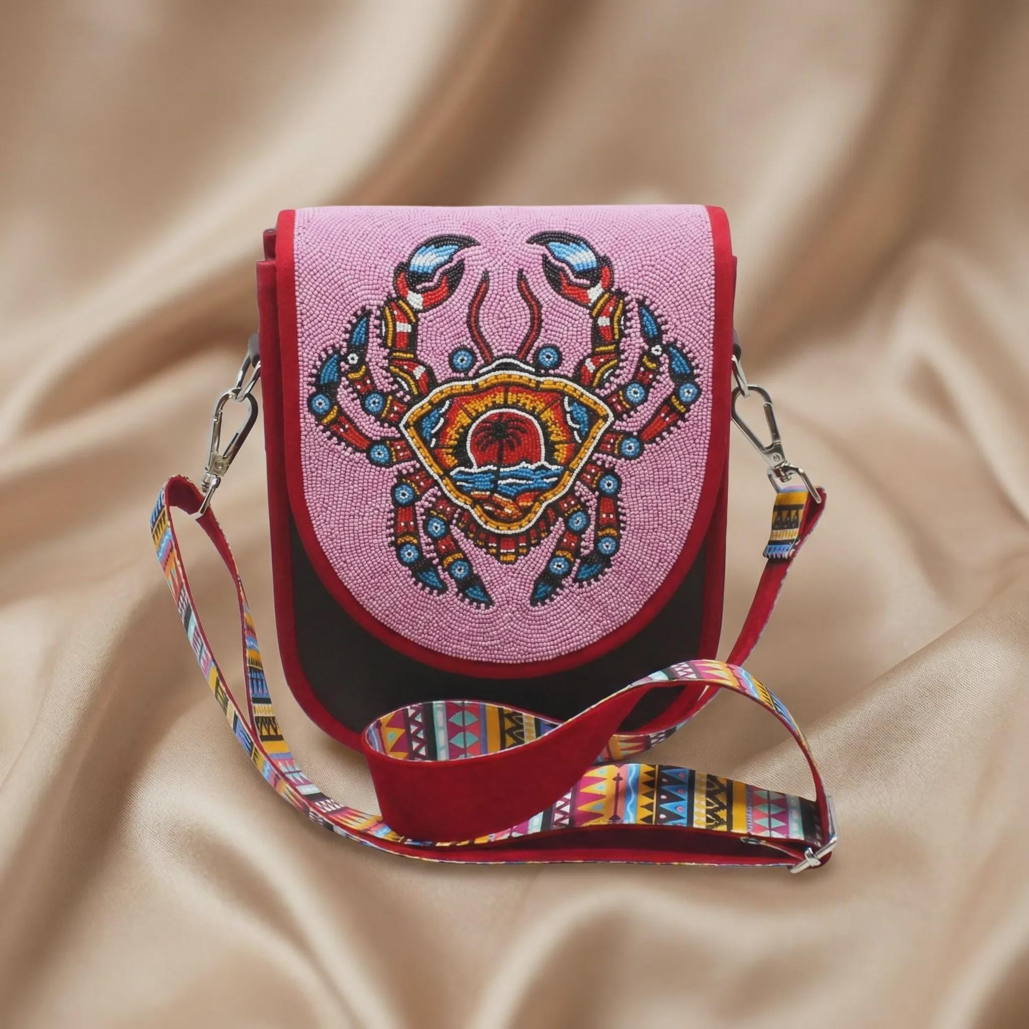 Beaded Crossbody Bag, Boho Handmade Unisex Canvas Sling Purse with Adjustable Strap