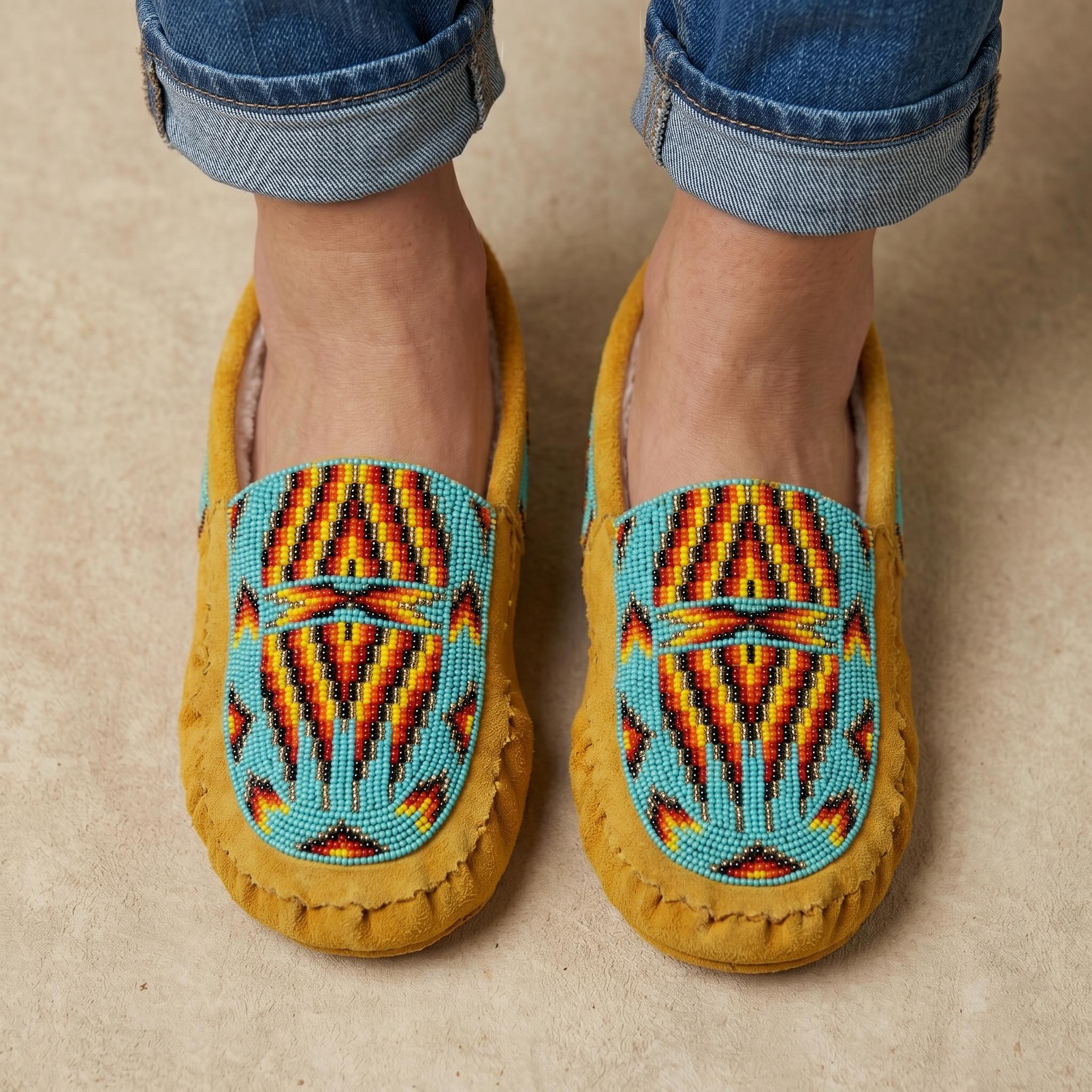 Handmade Beaded Leather Moccasins with Soft Sole. Stylish Slip On Shoes For Women.