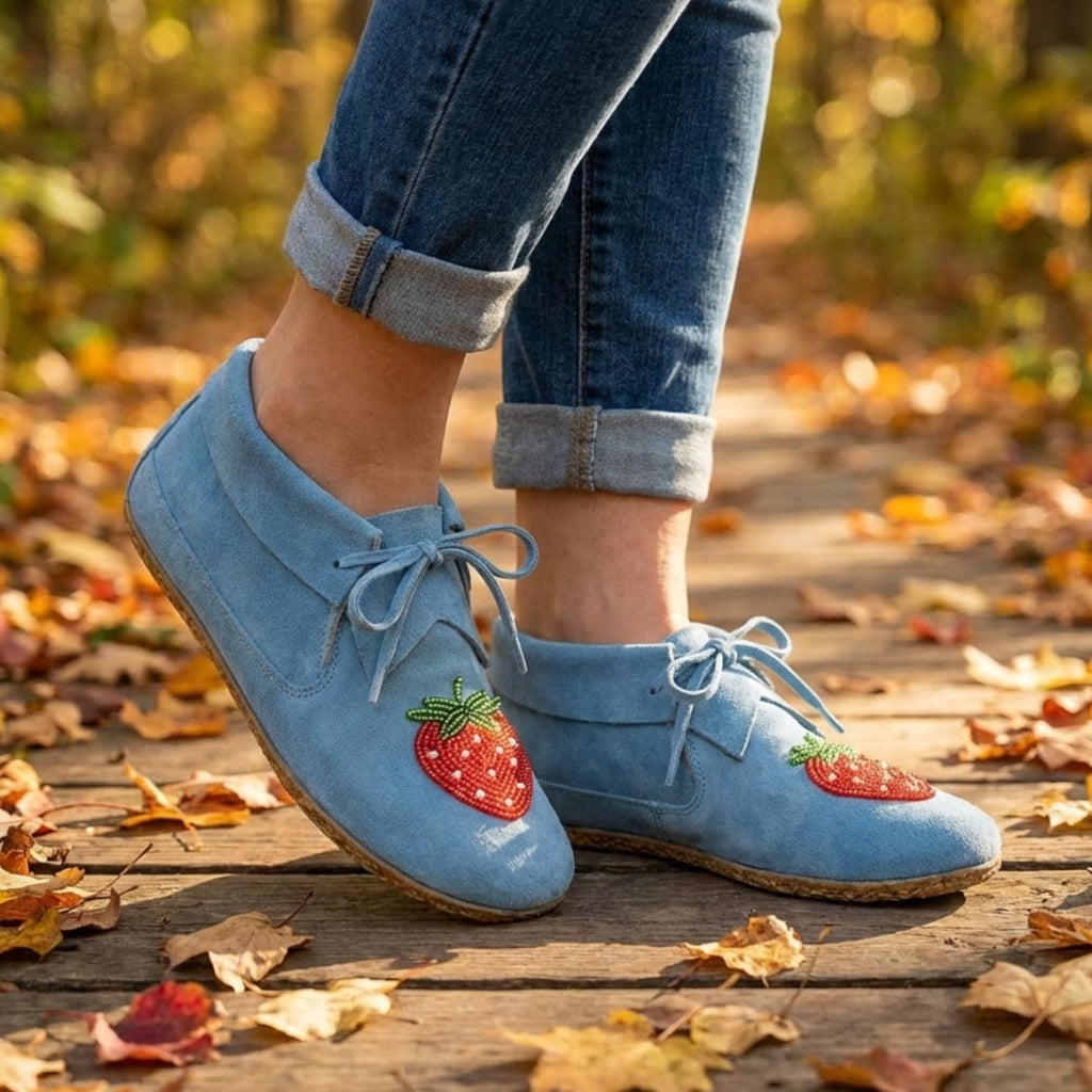 Blue Suede Moccasins with Strawberry Beading – Handmade Leather Shoes For Women