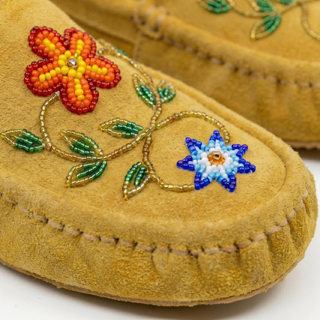 Handmade Yellow Suede Moccasins. Stylish Modern Beaded Leather Loafers.
