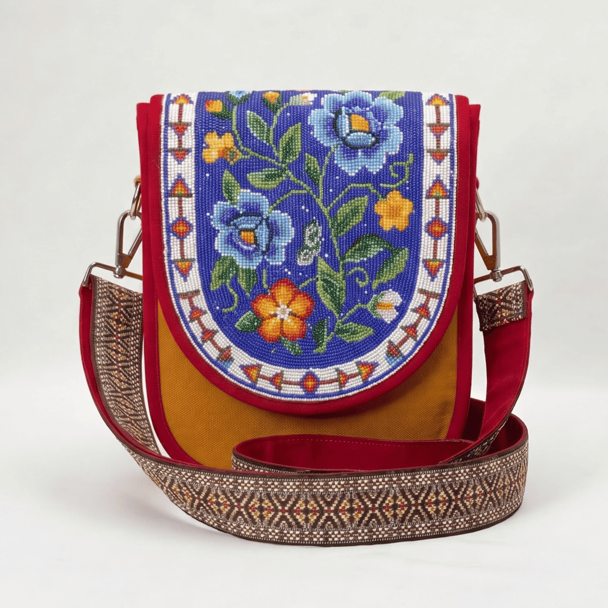 Blue Floral Bouquet Hand Beaded Canvas Crossbody Bag